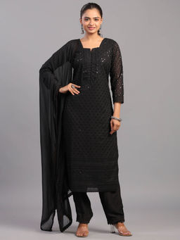 Amchoor - Black Georgette Embroidered Kurta Pant & Dupatta (Set of 3)