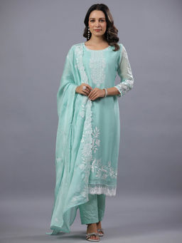 Amchoor - Sea Green Organza Embroidered Kurta Pant & Dupatta (Set of 3)