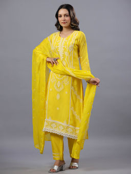 Amchoor - Yellow Thread work Embroidered Kurta Pant & Dupatta (Set of 3)