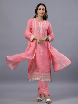 Amchoor - Pink Organza Embroidered Kurta Pant & Dupatta (Set of 3)