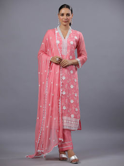 Amchoor - Peach Organza Embroidered Kurta Pant & Dupatta (Set of 3)