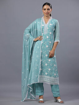 Amchoor - Turquoise Blue Applique Work Kurta Pant & Dupatta (Set of 3)