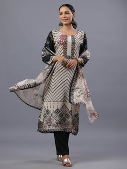 Amchoor - Beige Chevron Print Kurta Pant & Dupatta (Set of 3)