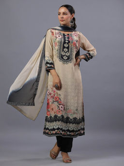 Amchoor - Beige Satin Digital Print Kurta Pant & Dupatta (Set of 3)