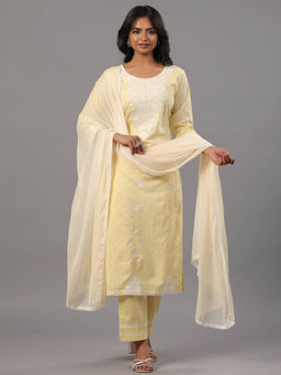 Amchoor - Yellow Embroidered Kurta Pant & Dupatta (Set of 3)