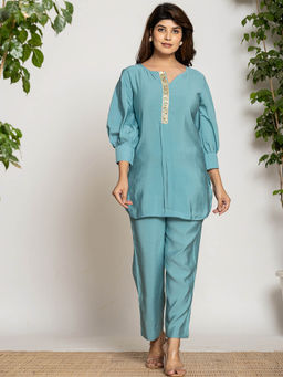 Yufta - Turquoise Blue Silk Blend Solid Co-Ord (Set of 2)