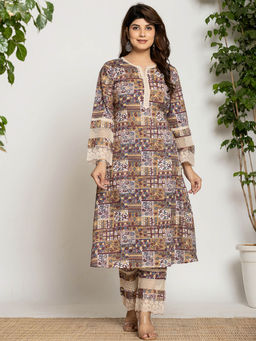 Yufta - Beige Ethnic Motifs A-Line Kurta & Pant (Set of 2)