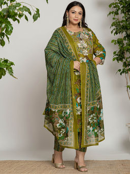Yufta - Cotton Green Embroidered Plus Size Kurta Dupatta & Pant (Set of 3)