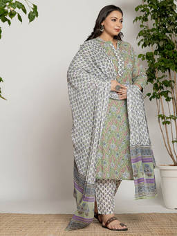 Yufta - Green Cotton Green Pluse Size Kurta Dupatta & Pant (Set of 3)