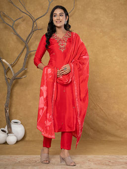 Yufta - Red Pure Uppada Silk Handwork Kurta Dupatta & Trouser (Set of 3)