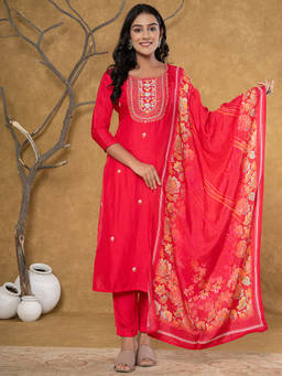 Yufta - Pink Silk Beads & Stones, Sequins Work Kurta Dupatta & Trouser (Set of 3)