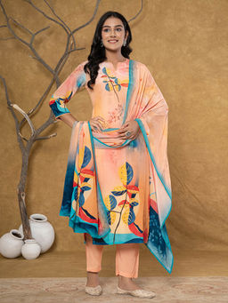 Yufta - Peach Pure Crepe Placement Print Band Collar Kurta Dupatta & Trouser (Set of 3)
