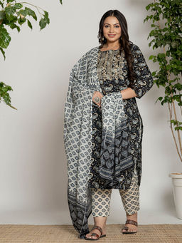 Yufta - Cotton Black Printed Plus Size Kurta Dupatta & Trouser (Set of 3)