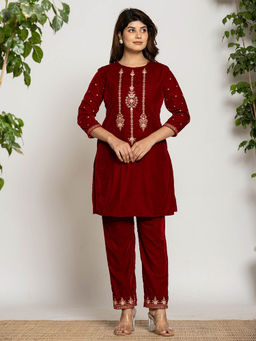 Yufta - Maroon Velvet Embroidered Kurta & Trouser (Set of 2)