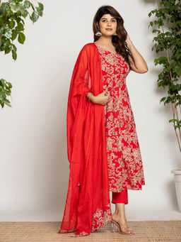Yufta - Cotton Red Anarkali Kurta Dupatta & Trouser (Set of 3)