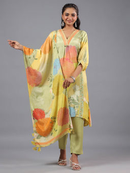 Amchoor - Multi Color Abstract Print Kurta Pant & Dupatta (Set of 3)