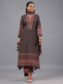 Amchoor - Red Ajrakh Print Kurta Pant & Dupatta (Set of 3)