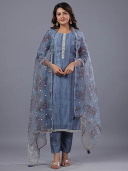 Amchoor - Grey Chanderi Gota Patti Embroidered Kurta Pant & Dupatta (Set of 3)