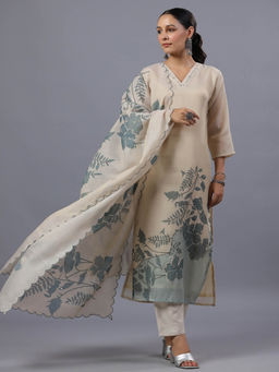 Amchoor - Beige Handwork Tissue Floral Print Kurta Pant & Dupatta (Set of 3)