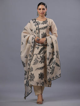 Amchoor - Beige Tissue Floral Print Kurta Pant & Dupatta (Set of 3)