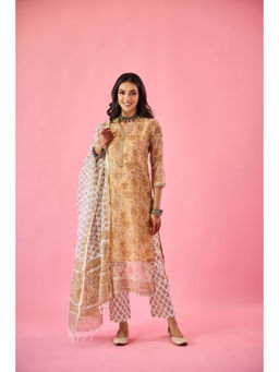 Old Marigold - Almas Mustard Yellow Kota Hand Embellished Kurta Pant & Dupatta (Set of 3)