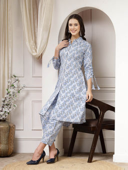 Indibelle - Blue Floral Print A-Line Kurta & Pant (Set of 2)