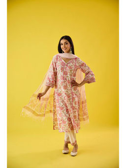 Old Marigold - Mehrunisha Pink Cotton Kurta Pant & Dupatta (Set of 3)