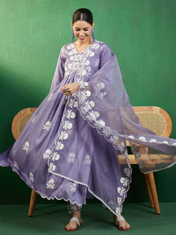 KVS FAB - Lavender Embroidered Kurta with Trouser & Organza Dupatta (Set of 3)