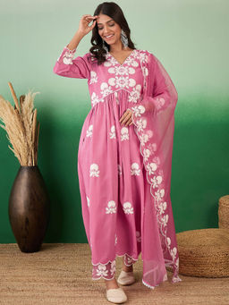 KVS FAB - Pink Chinon Chain Embroidered Kurta with Trouser & Organza Dupatta (Set of 3)