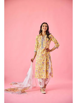 Old Marigold - Ziyana Yellow Cotton Kurta Pant & Dupatta (Set of 3)