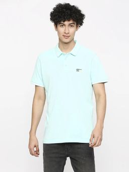 Spykar - Men Bleached Aqua Cotton Slim Fit Polo Neck Plain T-Shirt