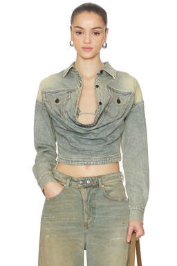 MARRKNULL - Swing Pleat Denim Shirt Top