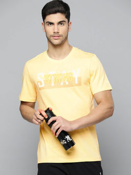 Alcis - Men Yellow Typography Printed Anti Static Slim Fit Sports T-Shirt