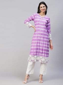 FASHOR - Tie- Dye Straight Kurta With Pants - Purple (Set of 2)
