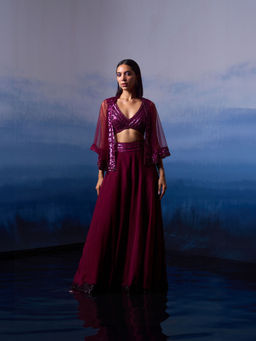 ANGAD SINGH - Wine Organza Top with Cape and Sharara (Set of 3)