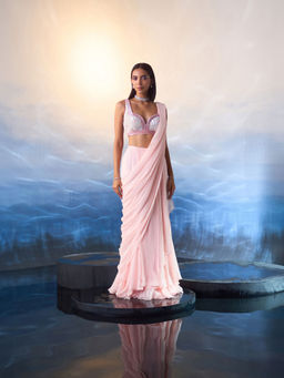 ANGAD SINGH - Powder Pink Georgette Drape Saree with Stitched Blouse