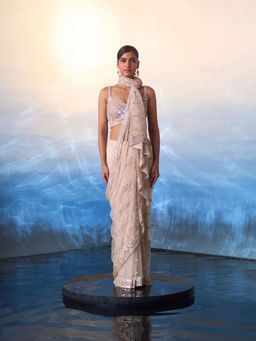 ANGAD SINGH - Rose Gold Net Saree with Stitched Blouse and Petticoat