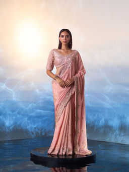 ANGAD SINGH - Peach Tissue Saree with Stitched Blouse and Petticoat