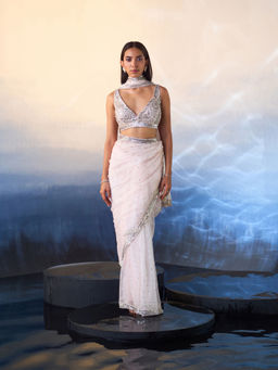 ANGAD SINGH - Pink Organza Saree with Stitched Blouse and Petticoat