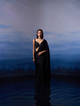 ANGAD SINGH - Black Satin Saree with Stitched Blouse and Petticoat