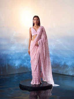 ANGAD SINGH - Pink Net Saree with Stitched Blouse and Petticoat