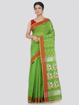 PinkLoom - Women's Cotton Blend Saree with Unstitched Blouse Piece, Green