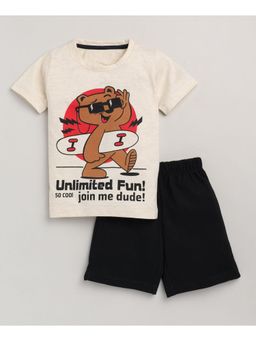 Lazy Shark - Boys Beige and Black Printed Cotton T-Shirt with Shorts (Set of 2)
