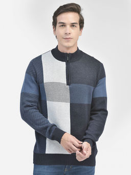 CRIMSOUNE CLUB - Mens Navy Blue Colourblocked Cotton Sweater
