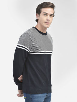 CRIMSOUNE CLUB - Mens Navy Blue Self-Design Cotton Sweater