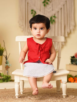 Greendigo - Baby Girl Red Linen Top And Shorts (Set of 2)