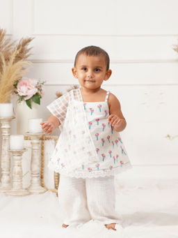 Greendigo - Baby Girl Off White Printed Kurta With Palazzo And Dupatta (Set of 3)