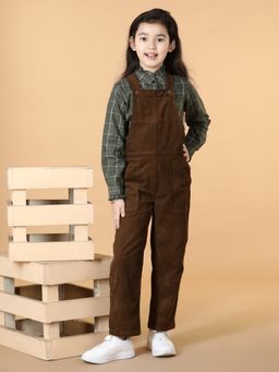 PICCOLO - Checks Frills Shirt With Corduroy Dungaree Set Brown (Set of 2)