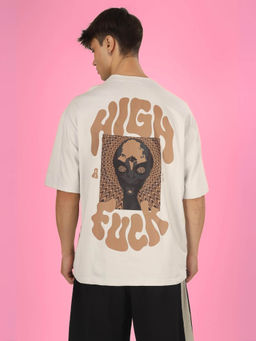 WEARDUDS - Beige Oversized Graphic Print T-Shirt