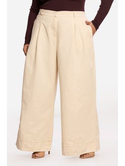 Virgio - Women Cream Cotton Solid Flared Fit Pant